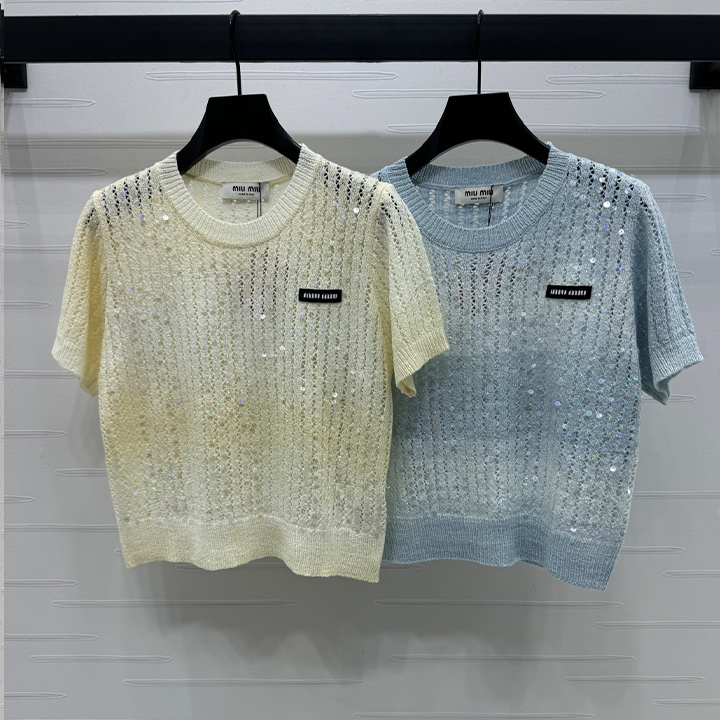 미우미우 스팽글이 장식된 라운드 넥 니트 반소매