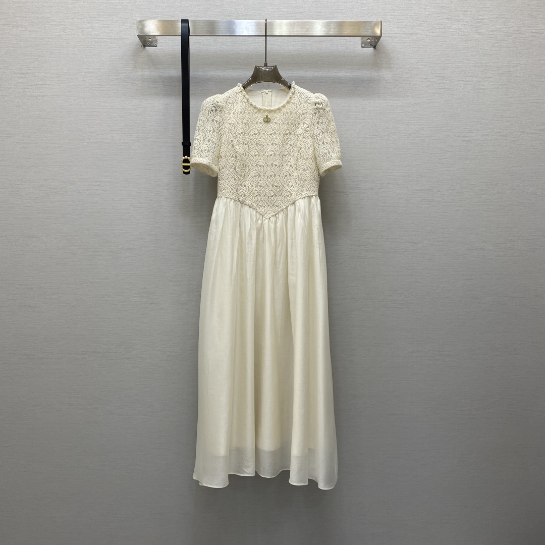 디올 라운드넥 진주 장식 원피스(벨트포함)