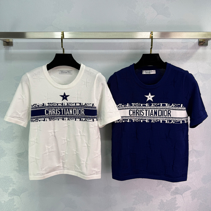 디올 라운드넥 대조 자카드 니트 반팔 셔츠