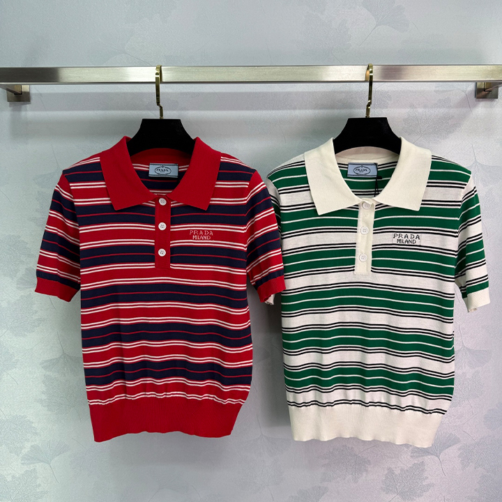 프라다 줄무늬 니트 반팔 티셔츠