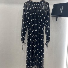 셀린* 실크 폴카 도트 투피스 벨티드 맥시 드레스