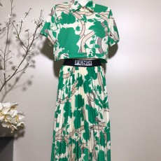 펜디 그린 프린트 반팔 라펠 탑,플리츠 스커트세트