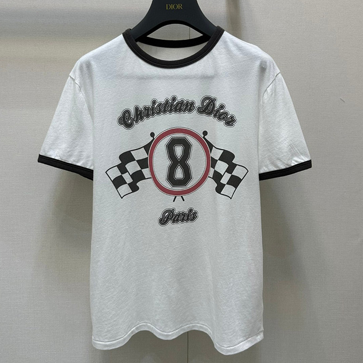 디올 스포츠 스타일 플래그 체크무늬 프린트 티셔츠