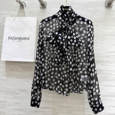 생로랑 물방울 무늬 리본 실크 셔츠