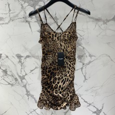 생로랑 레오파드 프린트 플리츠 스커트 서스펜더 드레스