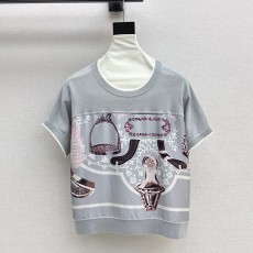 에르메스 새들 프린트 패턴 스티칭 니트 탑