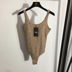 펜디 올오버 레터 프린트 백리스 서스펜더 원피스 수영복, 가슴 패드 포함