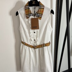 버버리 러플 플레드 라펠 스티칭 코튼 슬리브리스 베스트 드레스