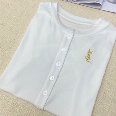 생로랑 자수 슬림핏 아이스실크 티셔츠