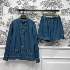 구찌 데님 수트 라운드넥 타이 긴팔 셔츠 + 하이웨이스트 반바지 세트