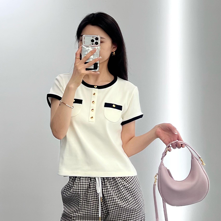 셀린느 25S 신상품 봄/여름 고급 순면 화이트 반팔 탑