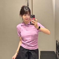 로에베 25S 신상품 봄/여름 퍼플 마이크로 로고 플리츠 라펠 반팔 탑