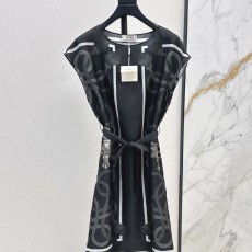 에르메스 최신 봄 여름 포지셔닝 프린트 실크 드레스