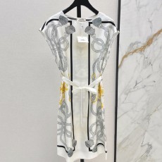 에르메스 최신 봄 여름 포지셔닝 프린트 실크 드레스