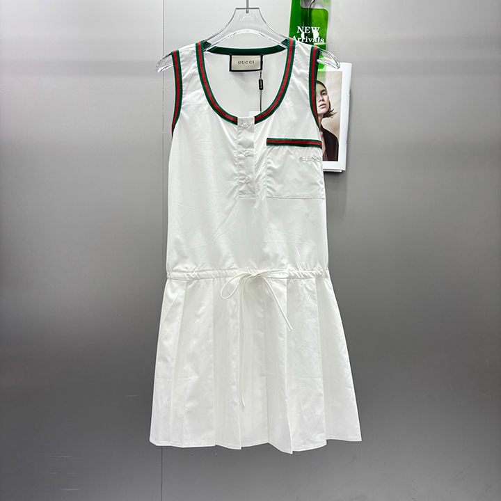 구찌 트윌 코튼 소재, 광택, 통기성 및 편안한 베스트 플리츠 드레스