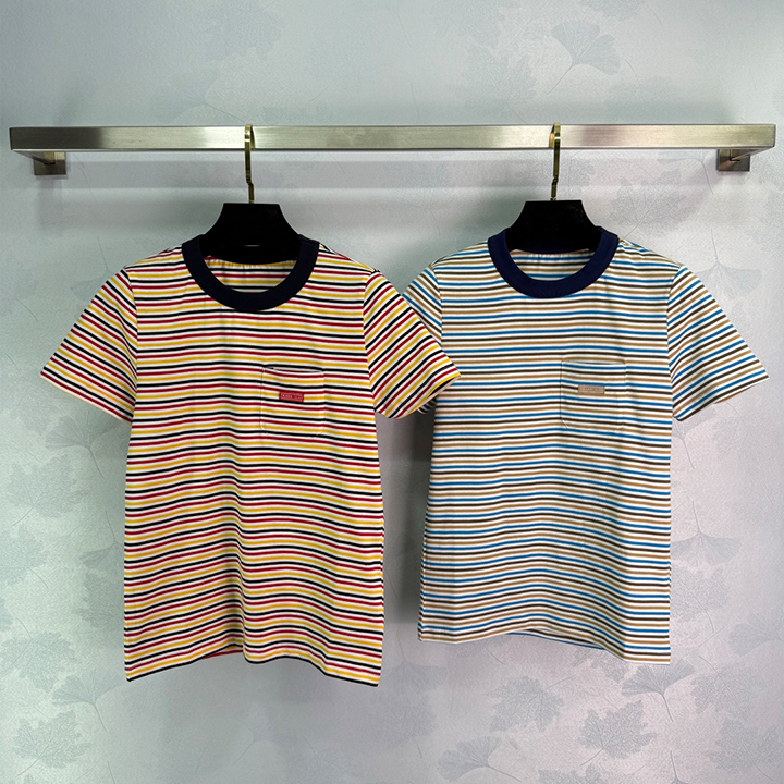 프라다 스트라이프 포켓 마이크로 로고 슬림핏 반팔 티셔츠