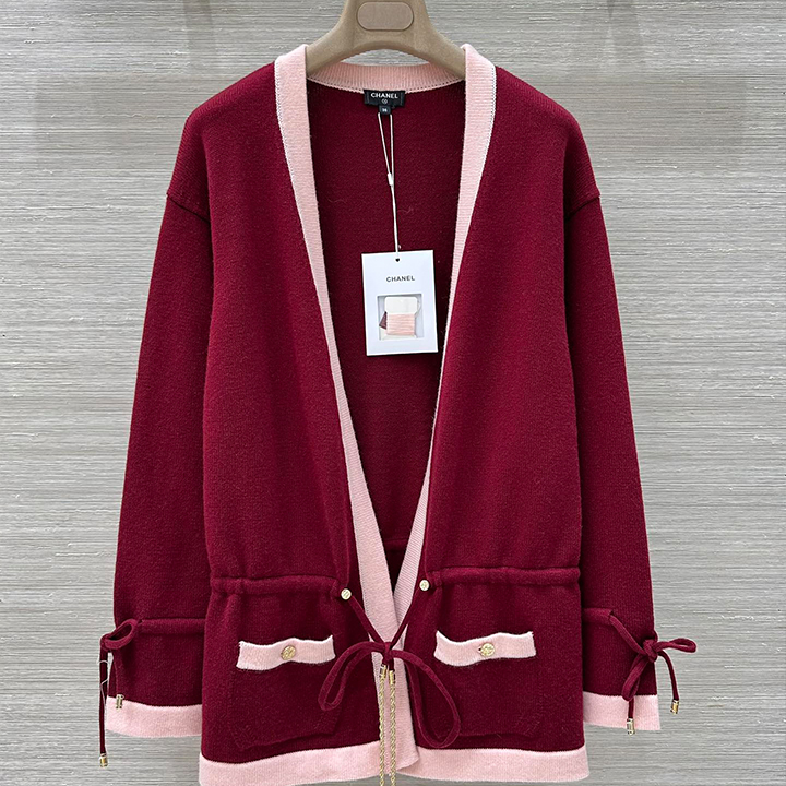 샤넬  배색 에징 벨트 드로스트링 캐시미어 롱 가디건