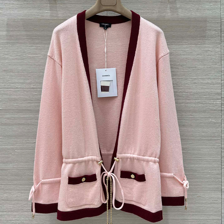 샤넬  배색 에징 벨트 드로스트링 캐시미어 롱 가디건