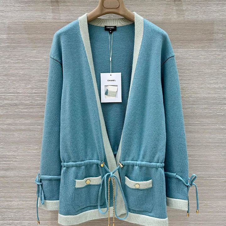 샤넬 배색 에징 벨트 드로스트링 캐시미어 롱 가디건