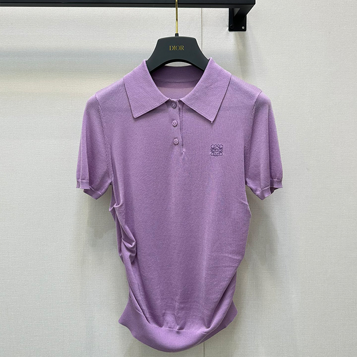 로에베 퍼플 마이크로 로고 플리츠 라펠 반팔 탑