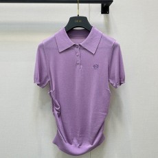 로에베 퍼플 마이크로 로고 플리츠 라펠 반팔 탑