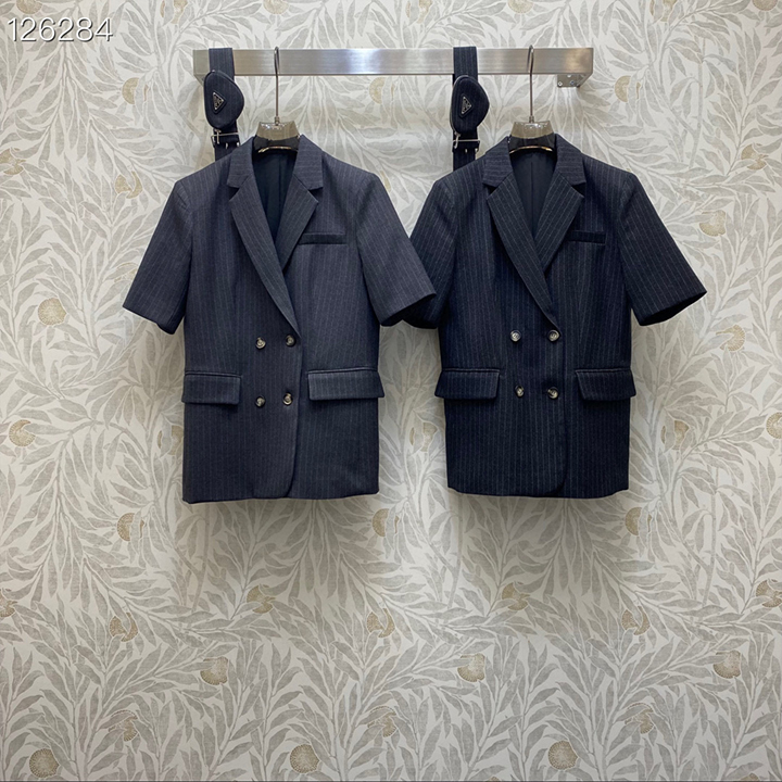 프라다 스트라이프 울 미드슬리브 웨이스트백 수트 재킷