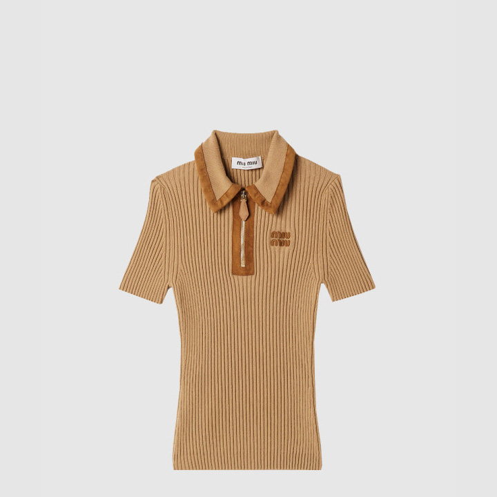 미우미우 리브드 니트 캐시미어 폴로 스웨터