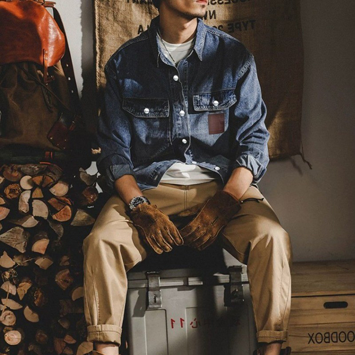 구찌 GC 포켓 포인트레더 스냅 데님셔츠