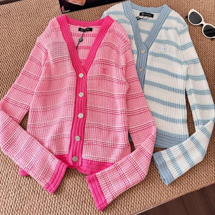 샤넬 25 오픈워크 스트라이프 브러시 스티치 니트 가디건