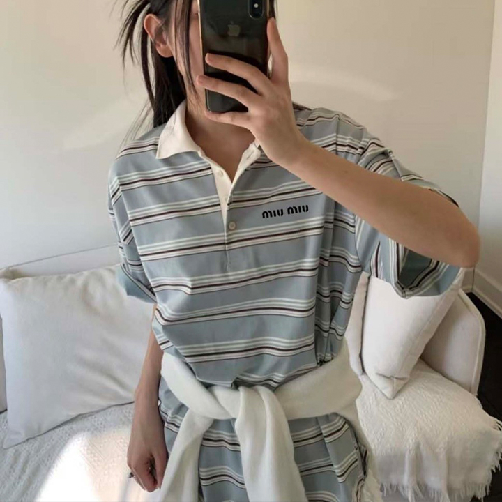 미우미우 MU 스멧 카라 배색 멀티 스트라이프 단가라 반팔티