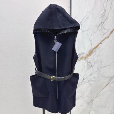 프라다 가을 겨울 최신 스타일 그레이 레터링 후드 울 베스트