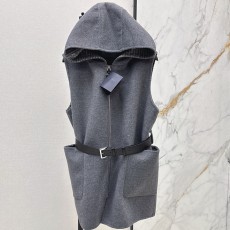 프라다 가을 겨울 최신 스타일 그레이 레터링 후드 울 베스트