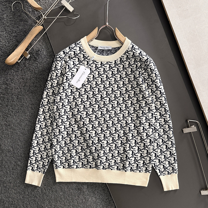 디올 2025 가을 겨울 자카드 자수 새로운 심플한 라운드 넥 니트 울 스웨터