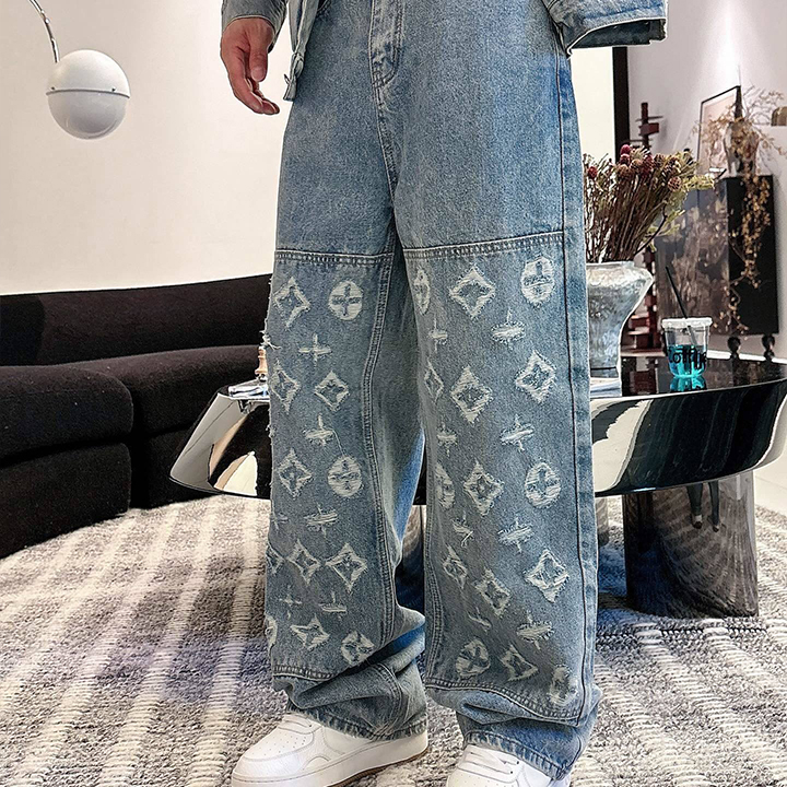 루이비통 핸드 디스트레스드 LV 데님 팬츠