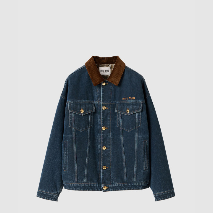 미우미우 플로킹 데님 벨벳 블루종 재킷