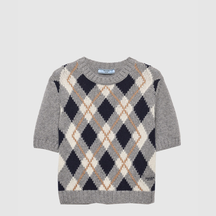 프라다 쇼트 슬리브 아가일 니트 캐시미어 스웨터