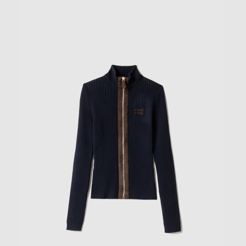 미우미우 캐시미어 및 가죽 지퍼 가디건 MMF992
