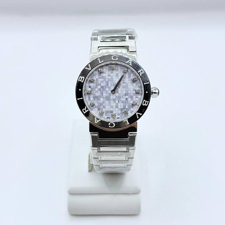 불가리 불가리 쿼츠 33mm 워치 스테인리스 스틸 화이트 마더 오브 펄 다이아몬드 LG10