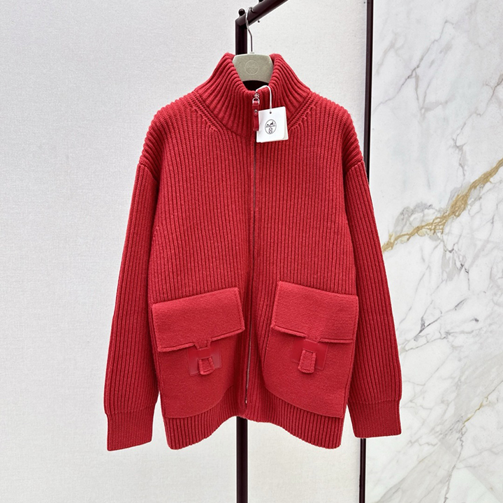 에르메스 가을/겨울 최신 클래식 H 패턴 장식 포켓 울 니트 가디건