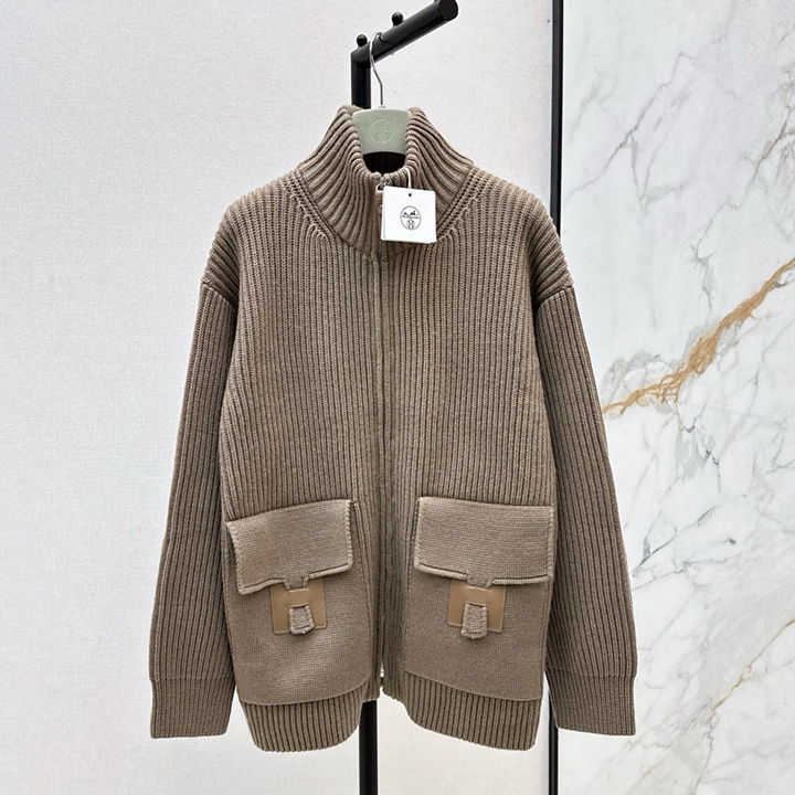 에르메스 가을/겨울 최신 클래식 H 패턴 장식 포켓 울 니트 가디건