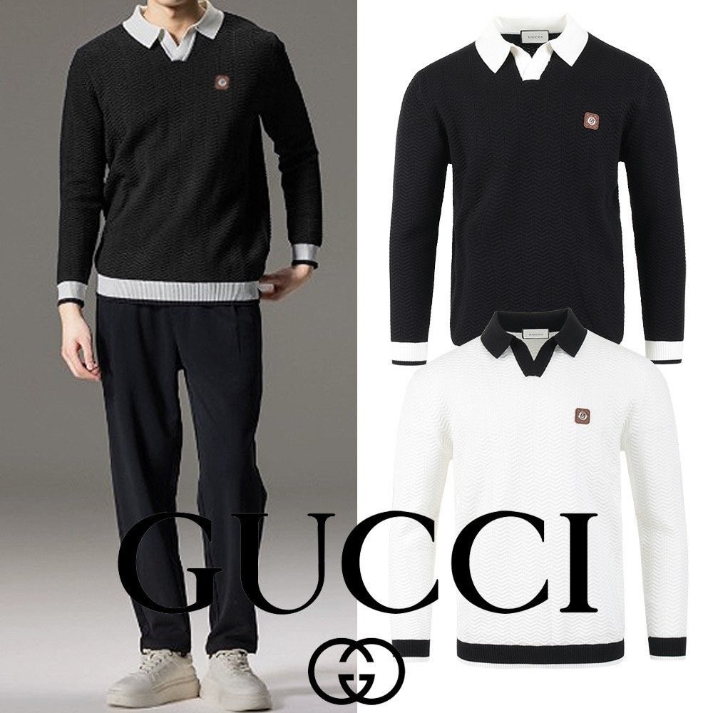 구찌 GC 스틸로고 배색 카라 롱슬리브 니트