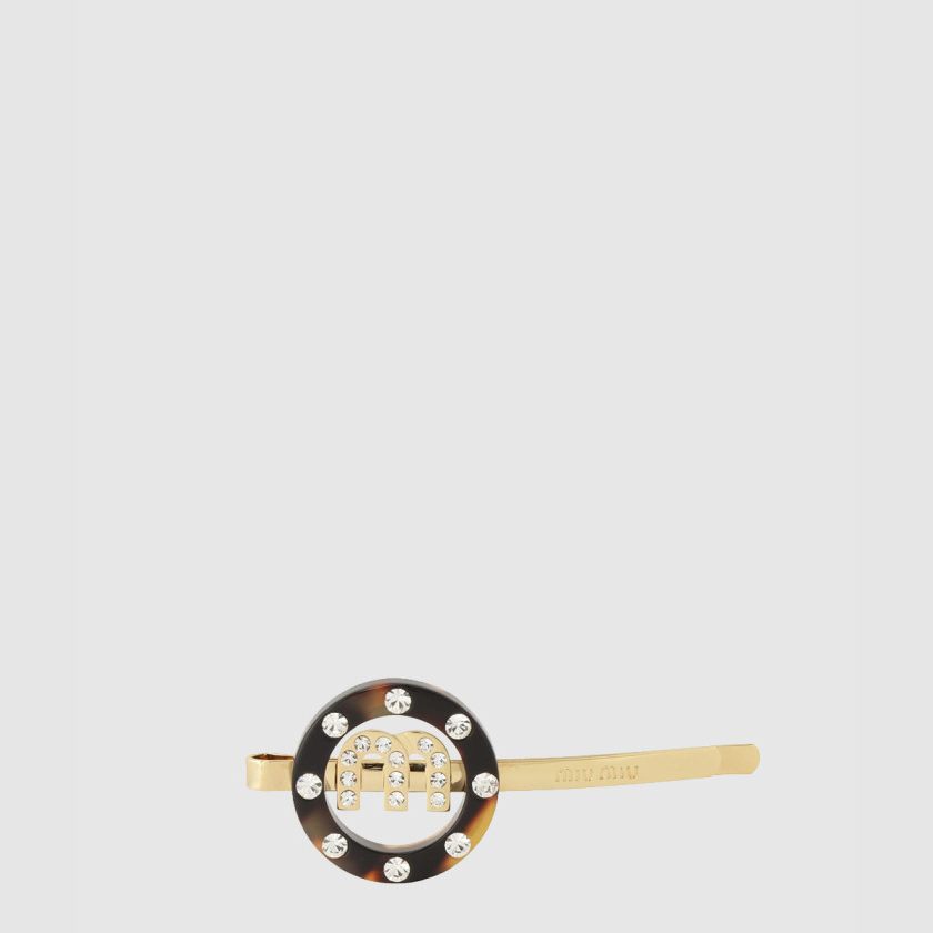 미우미우 로고 장식 골드톤 헤어핀 5JF089