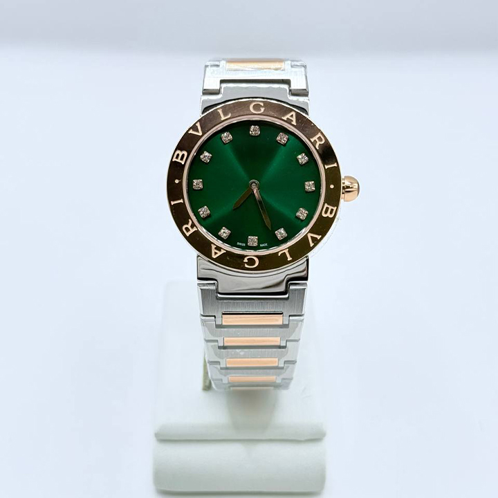 불가리 불가리 쿼츠 33mm 워치 스테인리스 스틸 로즈 골드 그린 다이아몬드 LG14
