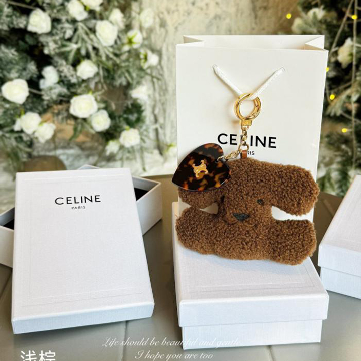셀린* 트리옹프 하트 폼폼 키링 시어링 앤 아세테이트 내추럴 탄 키링 NE03
