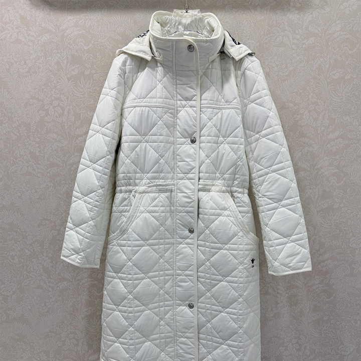 디올 스티치 솔기 디테일의 디올 까나주 후드 롱 코튼 코트