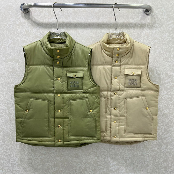 셀린* 자수 포켓 장식 스탠드 칼라 코튼 조끼