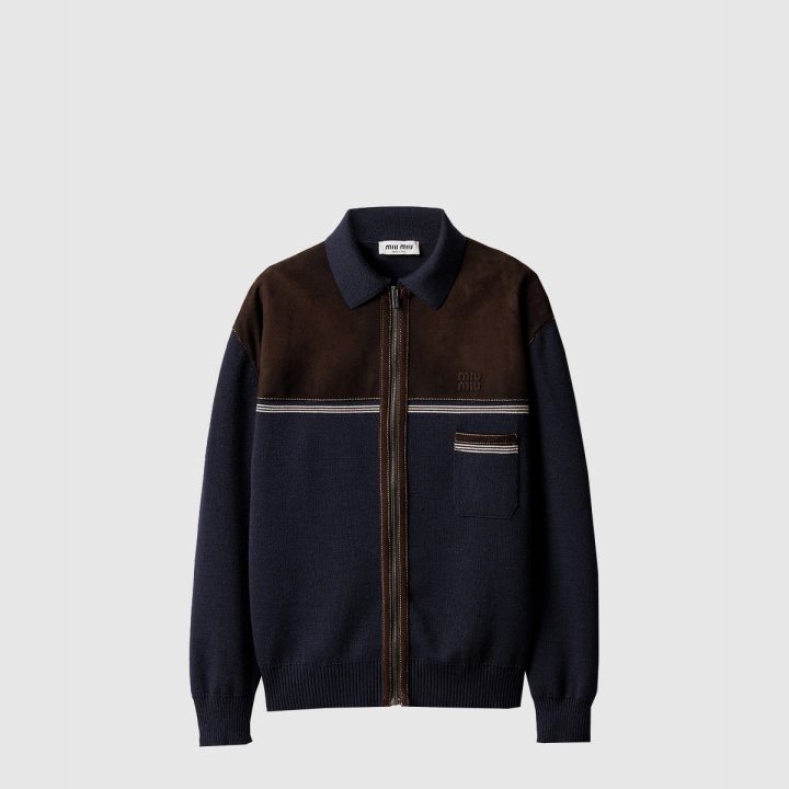 미우미우 울 및 가죽 지퍼 가디건